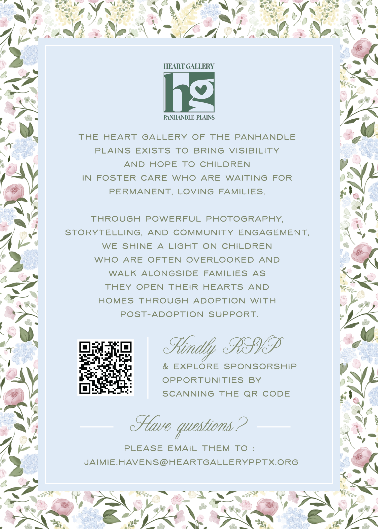 An Evening in Bloom event invitation - back with Heart Gallery mission details